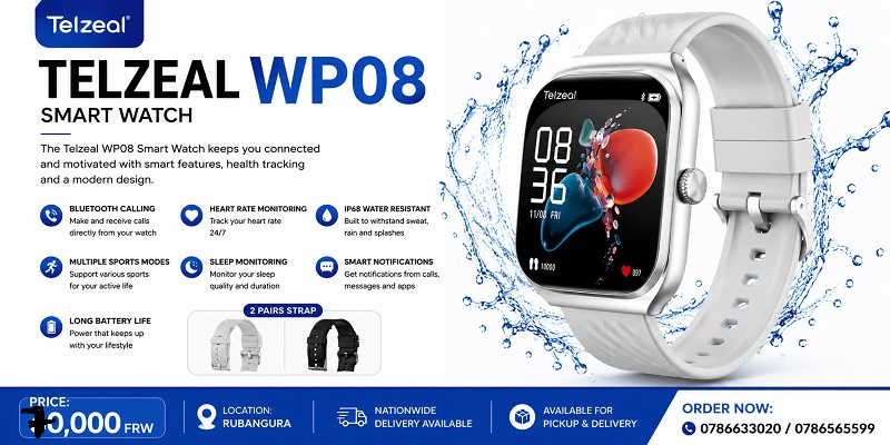 TELZEAL WP08 SMART WATCH – Premium Design at Only 70,000 RWF WOTERPROOF
